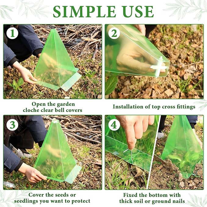 Garden Cloches, 30 Pack Plastic Small Plant Seedling Protector, Reusable Green Clear Bell Covers with 60p Ground Securing Peg, 7.8" x 11" Green Mini Greenhouse to Protect Plants from Birds, Slugs, Sun