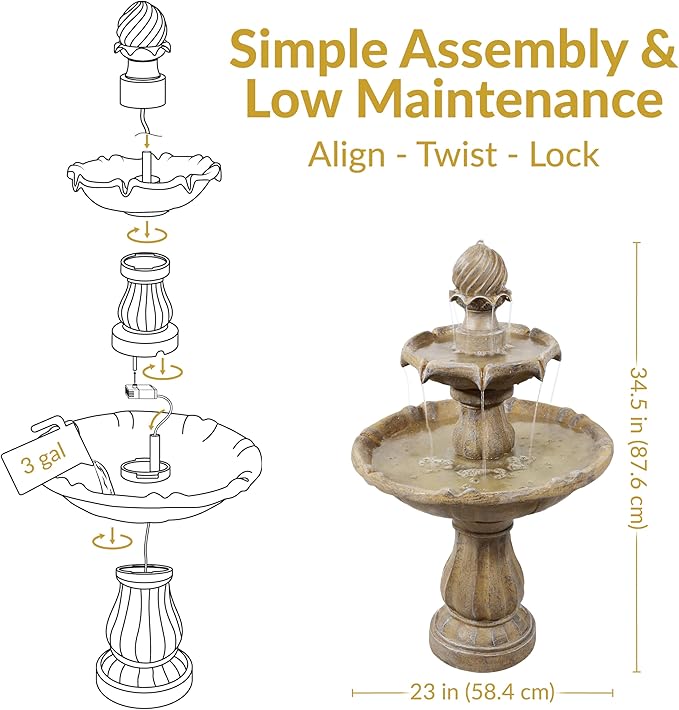 Sunnydaze 35" Solar 2-Tier Outdoor Water Fountain - Garden Water Feature with Battery Backup and Pump - Earth
