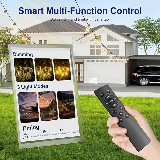 30FT LED Outdoor String Lights with Remote, One Continuous Strand Patio Lights with 10+1 Shatterproof S11 Bulbs, Dimmable 2700K Warm White, Timer & 3 Modes, Low Voltage for Backyard Garden