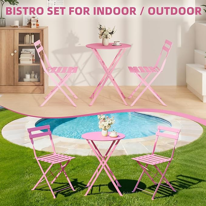 3-Piece Folding Bistro Set, 2 Chairs and 1 Coffee Table, Space Saving Weather-Resistant Frame, Portable Indoor/Outdoor Patio Furniture Conversation Set for Garden Porch Balcony Deck - Pink