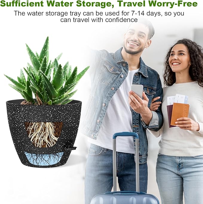 Self Watering Pots, 12 Inch Large Flower Pots with Multi-Mesh Drainage Holes and Saucer, Planters for Indoor and Outdoor Garden Plants (Speckled Black)