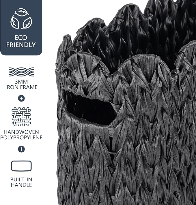 Coeusy Wicker Toilet Paper Storage Basket, Scalloped Basket for Bathroom | Narrow, Slim, Polypropylene, Hand-Woven, Boho Rattan Toilet Paper Holder Basket for 6 Mega Rolls with Handle,Boho Decor,Black