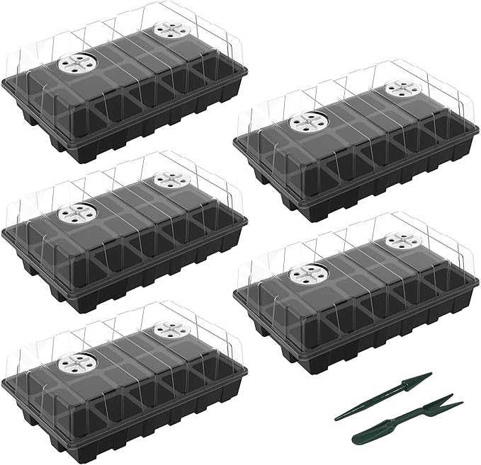 Gardzen 5-Pack Seed Starter Kits, Reusable Plant Germination Trays with Total 75-Cell, Seed Starter Tray with Humidity Vented Domes and Bases for Starting Vegetable Flower Herb Seeds 15" x 9"