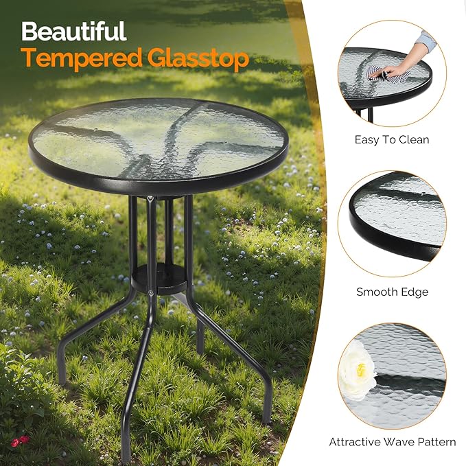VINGLI Outdoor Bistro Table, 24" Patio Table Steel Frame Tempered Glass Top, Dining Tables for Balcony Garden Poolside (24‘’ Round)