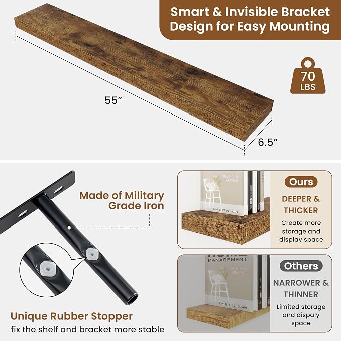 Floating Shelves for Wall, Wall Mounted Wood Shelves, Brown, Set of 2, 55in | Wood Floating Shelf with Invisible Brackets for Living Room, Bathroom, Bedroom, Kitchen, Hanging Shelf for Storage and Decor