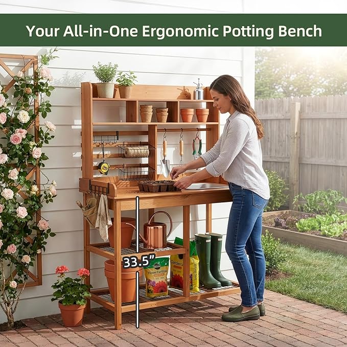 OOOK Potting Bench, Nordic Scots Pine Potting Table with Sliding Tabletop, Removable Sink, Workstation for Outside Patio Lawn, Wooden Garden Work Station
