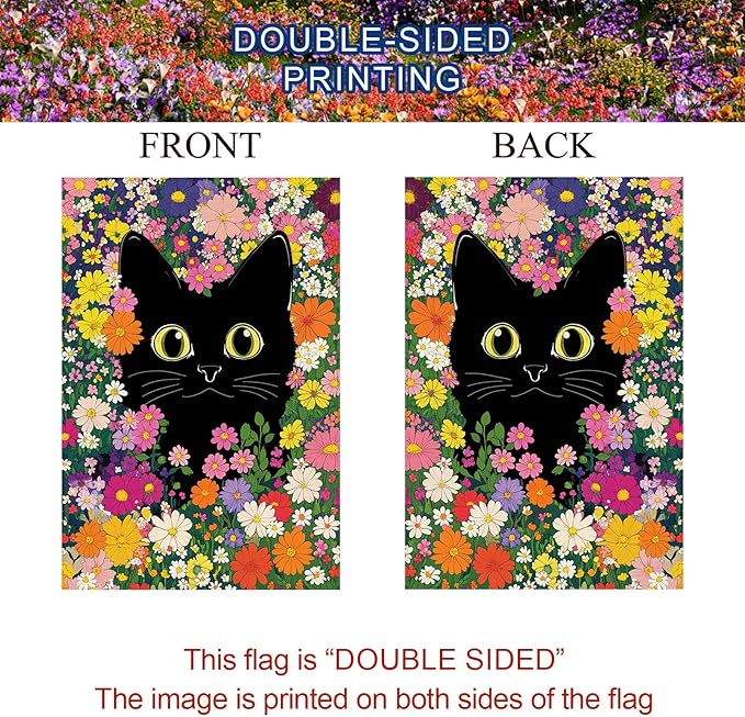 Baccessor Spring Summer Funny Cat Garden Flag Double Sided 12.5 x 18 Inch Funny Black Cat Flower Floral Welcome Small Yard Flag Burlap Seasonal Yard Outdoor Outside Decoration