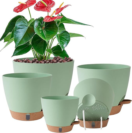 Self Watering Pots for Inoor Ourdoor Plants 8/7/6.5/6/5 Inch Plastic Planters with Drainage Holes & Water Level Indicator, Decorative House Flower Nursery Planting Pots with Saucers(Green)