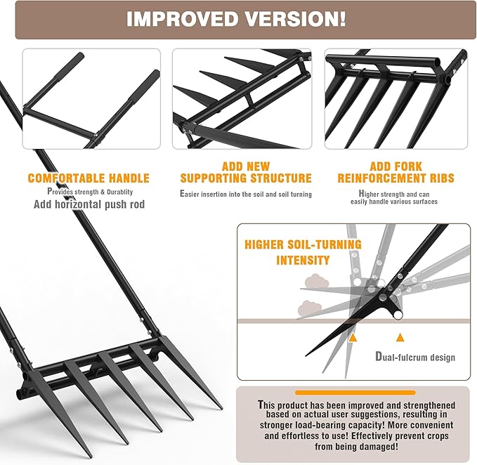 5 Steel Tines 15 in Wide BroadFork Garden Tool, 55 inch Heigh Durable Handles, Ergonomic U-Shaped Design, Black Hand Tiller Broad Fork Great for Farm and Garden, Digging Crushing Aerate Soil