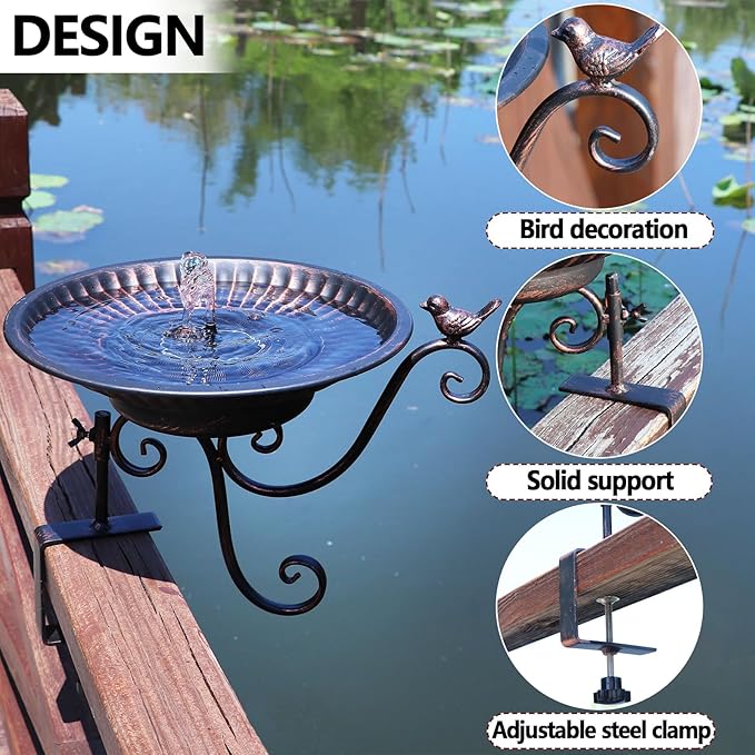HLQMFHT Solar Bird Bath,Deck Bird Bath with Solar Fountain,Metal Bird Bath Bubbler,Deck Mounted Bird Bath,Adjustable Sturdy Balcony Bird Bath,Patio Garden Decor（Bronze）
