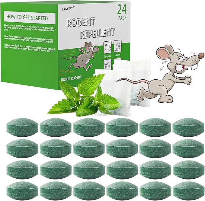 24 Pack Rodent Repellent Pouches - Peppermint Oil Mouse Repellent for Indoor and Outdoor Use - Natural Deterrent for Mice,Rats,Squirrels&Roaches-Pet&Family Safe, Long Lasting for Car,RV,Garage&Garden