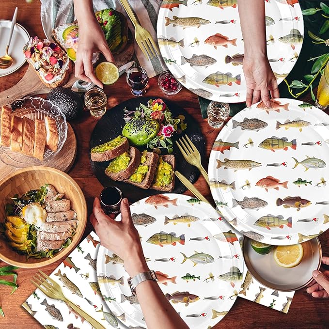 48Pcs Go Fishing Birthday Party Decorations - Ofishally One Gone Fishing Paper Plates Napkins Forks Birthday or Baby Shower Supplies Set for 16 Guests