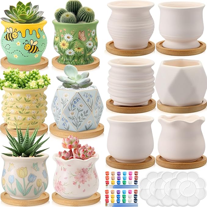 Leitee Flower Pots 3 Inch Paint Your Own Ceramic Pot Craft Kit Ready-to-Paint Small Succulent Pots Bulk with Drainage Hole Paint Set Mini Paintable Plant Vase for Spring Birthday DIY Gift(15pcs)