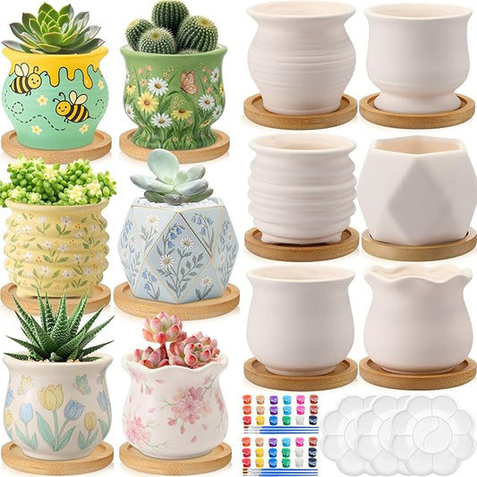 Leitee Flower Pots 3 Inch Paint Your Own Ceramic Pot Craft Kit Ready-to-Paint Small Succulent Pots Bulk with Drainage Hole Paint Set Mini Paintable Plant Vase for Spring Birthday DIY Gift(15pcs)