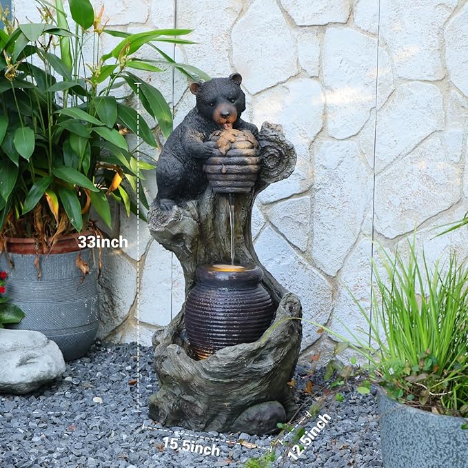 Sunlinua 33" H Bear Outdoor Water Fountain, Decorative Resin Water Fountain with LED Lights, Garden Waterfall Fountains Indoor and Outdoor for Patio, Porch, Courtyard, Home Decor