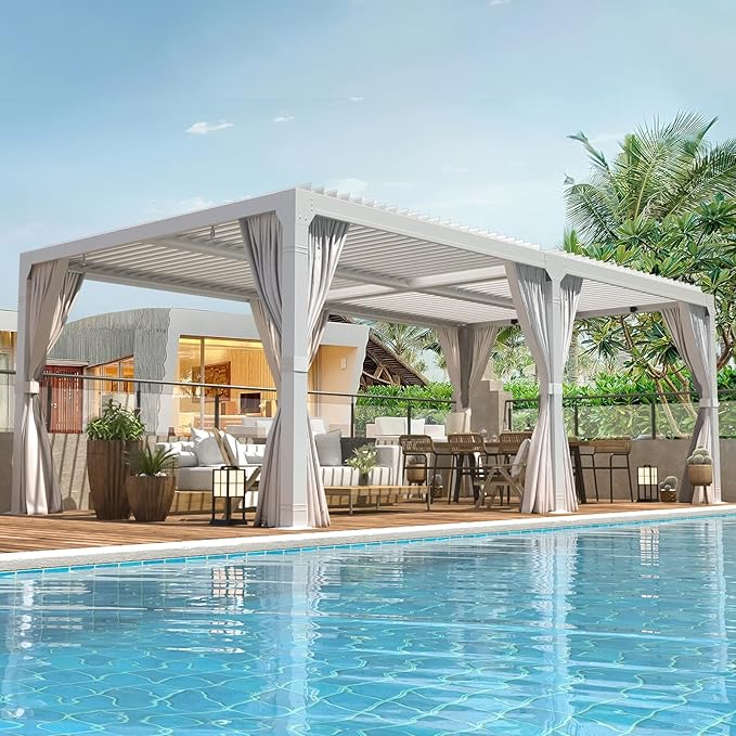 EROMMY Louvered Pergola 10x20, Outdoor Aluminum Pergola with Adjustable Rainproof Roof for Garden, Patio, Deck, Waterproof Curtains and Netting Included, White