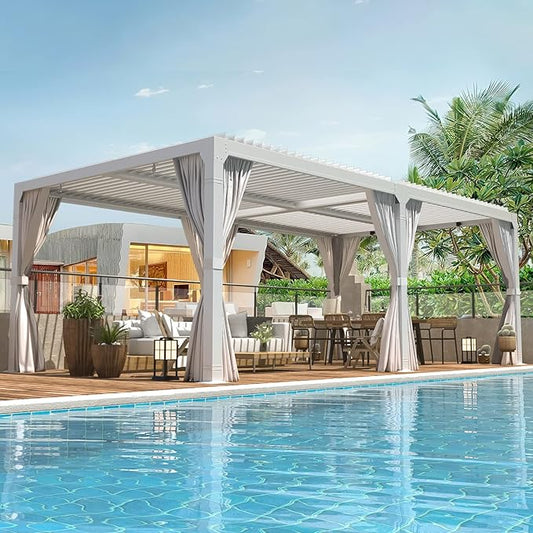 EROMMY Louvered Pergola 10x20, Outdoor Aluminum Pergola with Adjustable Rainproof Roof for Garden, Patio, Deck, Waterproof Curtains and Netting Included, White