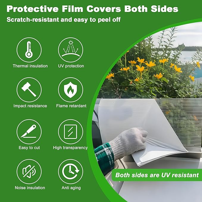 Quibbay 6PCS Polycarbonate Greenhouse Panels Sheets, 6' x 2' x 0.32'' Three-Layer Honeycomb Panels, UV Protected Corrugated Plastic Roof Panels, Clear Replacement Panels for Greenhouse Covering