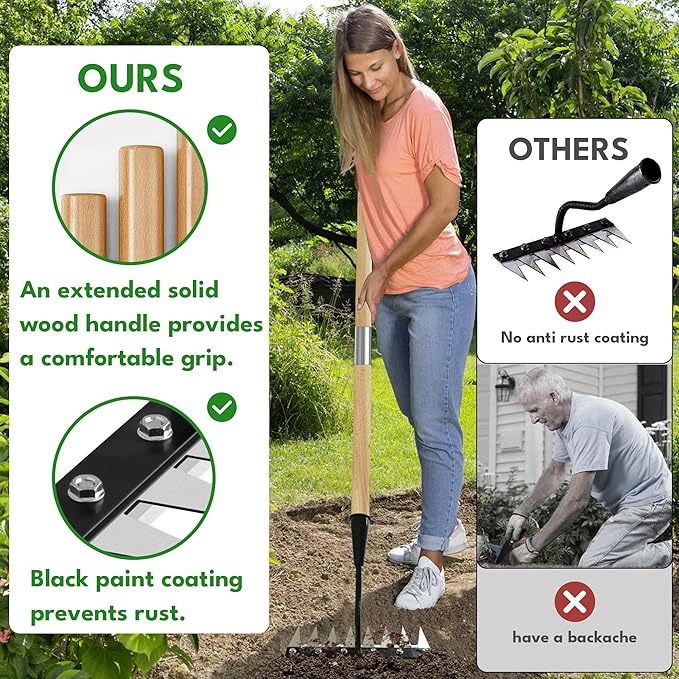 Weed Puller Tool, Iron Weeding Rake with Handle 2.0, Upgraded 8 Teeths Garden Weeding Tool Heavy Duty Gardening Tool for Lawn, Flower Beds & Soil Aeration