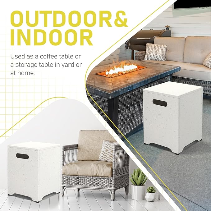 Outvita Outdoor Propane Tank Cover Table, 16in Propane Tank Storage Box with Carry Handle, Powder-Coated Steel, Multi - Use as Side Table for Patio, Garden & Living Room,16*16*21inch, marble color