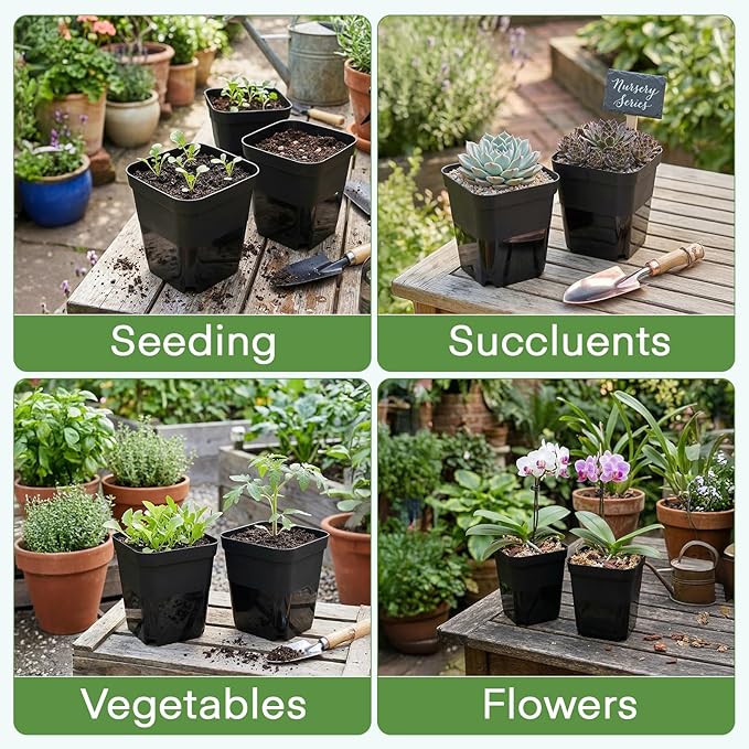 GREANER 4 Inch Nursery Pots, 100PCS Square Plastic Plant Pot with Drainage Holes, Small Planters for Seedling, Planting, Transplanting, Cuttings(Black)