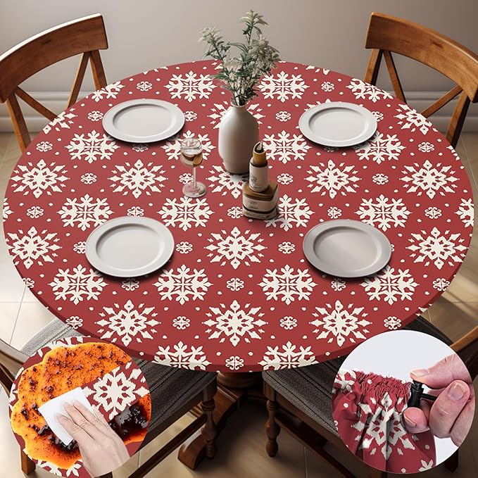Fitted Christmas Round Tablecloth Waterproof Table Cloth Vinyl Indoor Outdoor Circle Cover for 36-44" Table Dining Living Room Kitchen Western Home Party Decor Gift Festival Family Essential