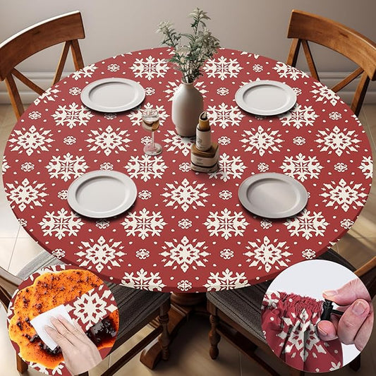 Fitted Christmas Round Tablecloth Waterproof Table Cloth Vinyl Indoor Outdoor Circle Cover for 36-44" Table Dining Living Room Kitchen Western Home Party Decor Gift Festival Family Essential