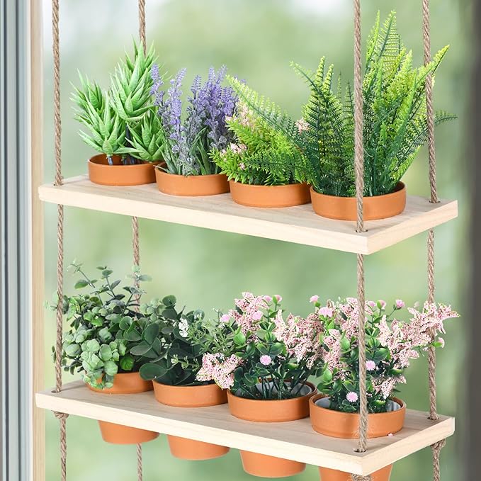 FillTouch 3 Tiered Hanging Herb Planters Hanging Herb Garden Wall with 12 Pcs Nursery Pot Wood Vertical Window Plant Shelf with Holes and Rope Plastic Flower Pots Spring Garden Indoor Kitchen