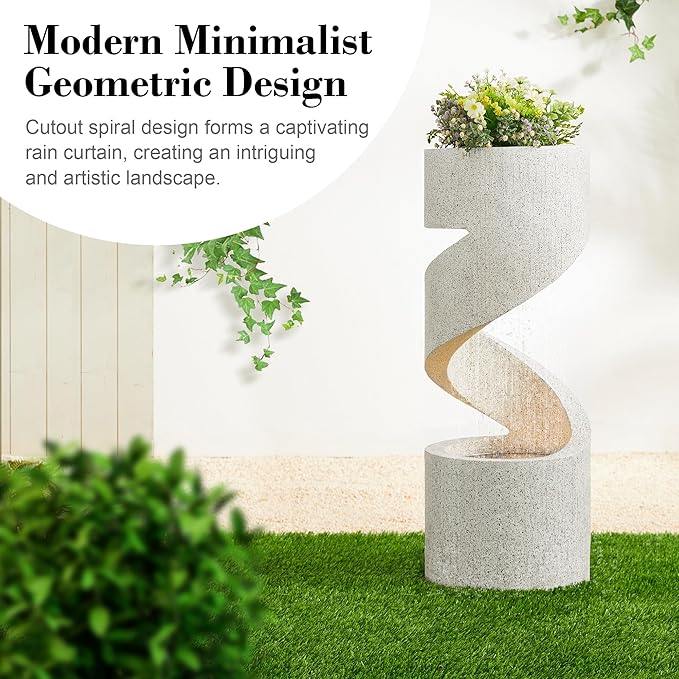 Glitzhome Outdoor Water Fountain, 31.25" H Modern Faux Terrazzo Spiral Shaped Outdoor Fountain with Pump and LED Lights,Polyresin Waterfall Fountain Water Feature for Garden, Patio, Porch Decor