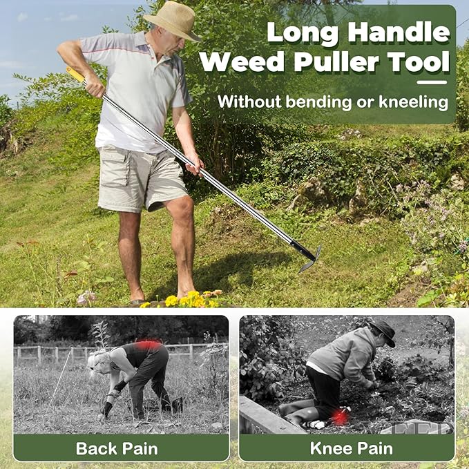 NICOFPHY Weed Puller Tool with Long Handle, 60" Manual Weeding Tools Gardening, 2 in 1 Hand Weed Rake and Hoe Garden Weeder Tool, Uprooting Pulling Weed Remover Tool for Yard, Patio, Lawn and Garden