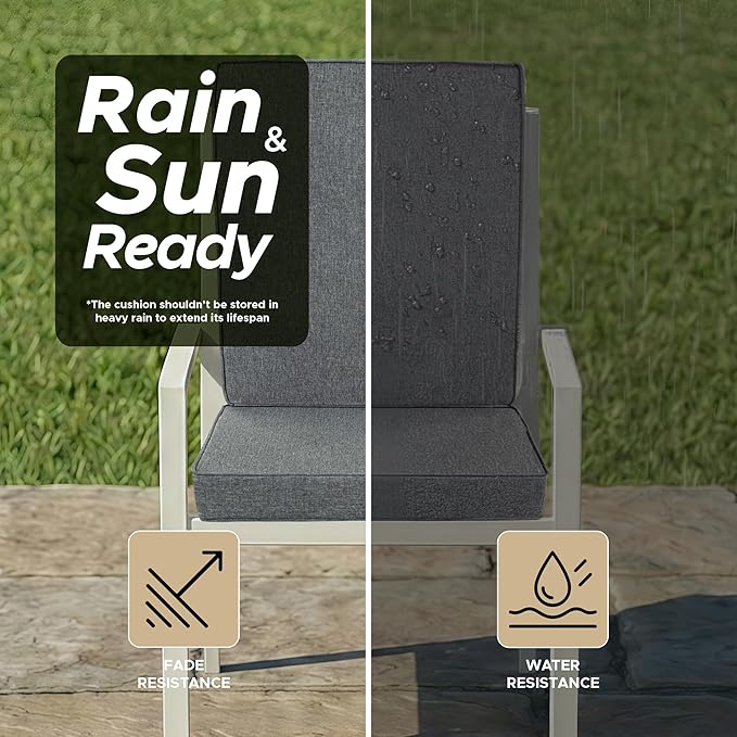 Outdoor Chair Cushions, Water-Resistant & Fade-Resistant, Patio Furniture Lawn Dining Chair Seat Replacement with Mid Back, Ties Zipper, Removable Cover, 18 x 16.5 Inch, Set of 1, Dark Grey