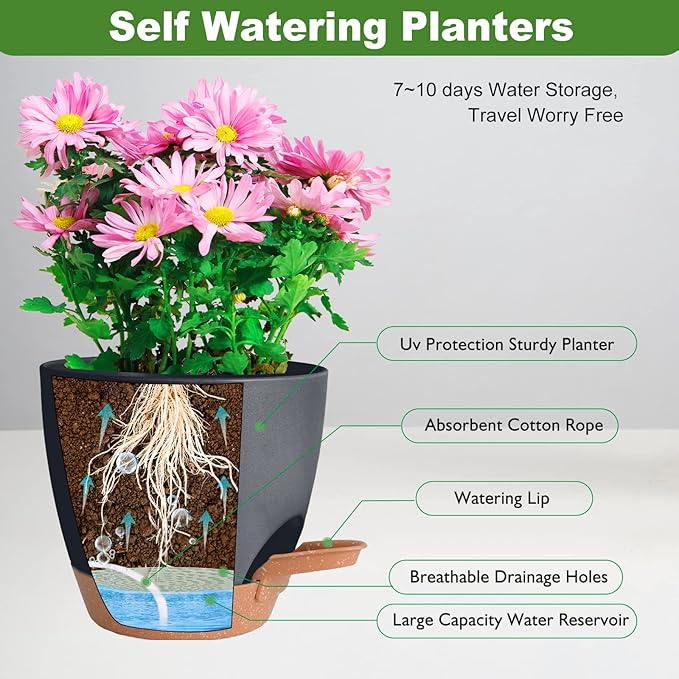 Vanslogreen Plant Pots Pack of 5, 7/6.5/6/5.5/5 Inch Self Watering Planters with Drainage Hole Planter for Indoor Plants, Planting Pots for African Violet, Ochid and House Plants (Black)