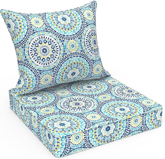 LVTXIII Outdoor Deep Seat Cushion Patio Seat and Back Cushion Set Seasonal Chair Cushion with Removable Cover and Adjustable Buckle for Home and Garden, 24"x24"x4", Delancey Lagoon