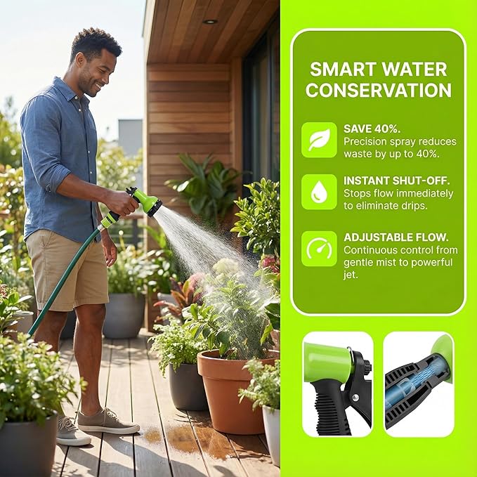 Garden Hose Nozzle Sprayer– this high heavy-duty spray nozzle offer 9 watering patterns for watering plants, lawns & gardens, washing cars, household (Green Dark)
