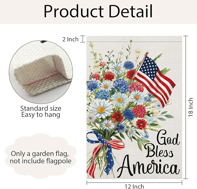 God Bless America 4th of July Garden Flag 12x18 Inch Double Sided Burlap Outside, Daisy Floral Patriotic Yard Flag for Independence Day Outdoor Decoration