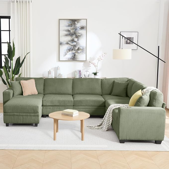 127" Modular Sectional Couch with Storage, Corduroy 7-Seater V Shaped Sofa with Ottoman Chaise, Removable Sofa Cover, Cloud Modular Sofas for Living Room, Apartment