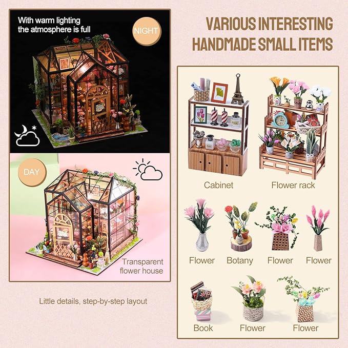 INSGEN Greenhouse Booknook Kit, DIY Miniature Dollhouse Building Set, 1:24 Scale Wooden Diorama Model, Tiny Street House Craft for Adults,Home Bookshelf Decor Gift
