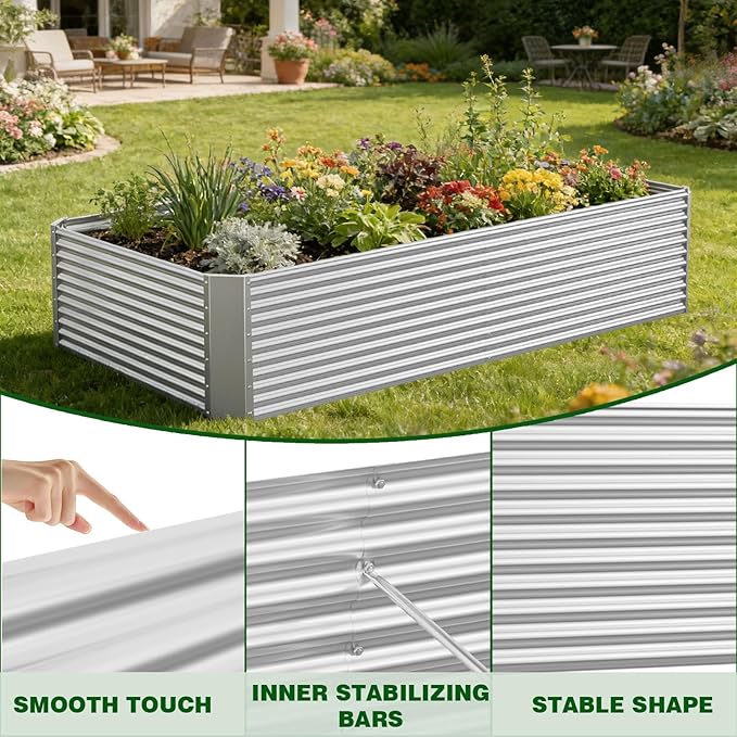 2 Pcs 8x4x1.4 ft Galvanized Steel Raised Garden Bed – Weatherproof Outdoor Metal Planter Box for Backyard Vegetable & Herb Gardening, Simple Install