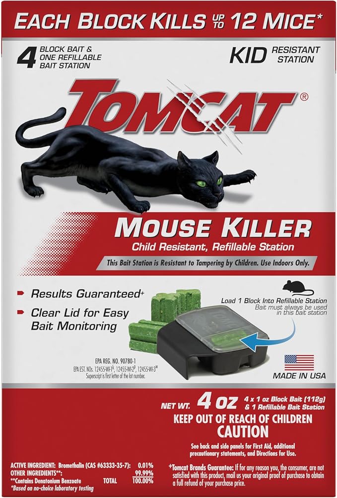 Tomcat Mouse Killer, Child Resistant, Refillable Station with 4 Bait Blocks | Tamper-Resistant Indoor Bait Station with Clear Monitoring Window, 1 Refillable Station with 4 Bait Blocks