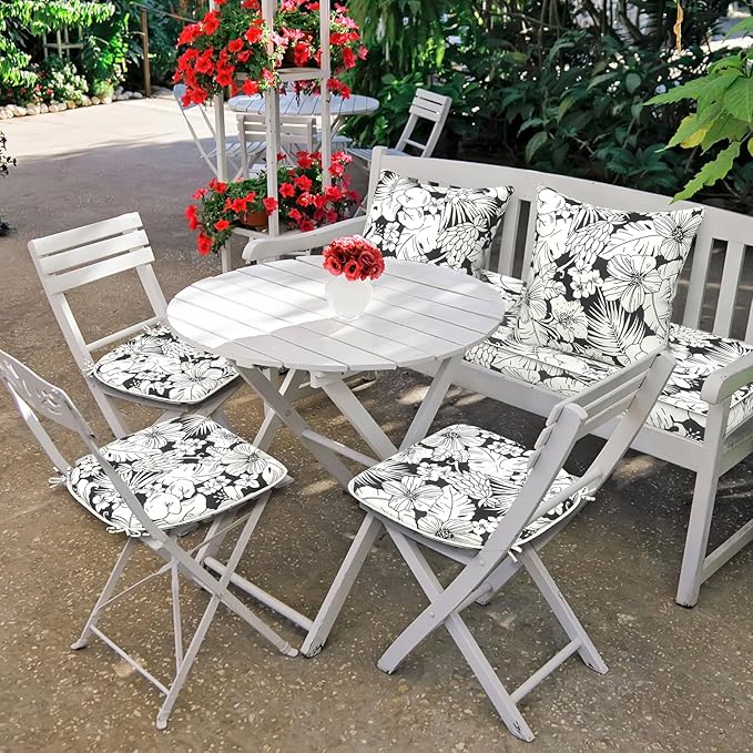 DYTXIII Set of 4 Outdoor Chair Cushions with Ties,Water Repellent Patio Chair Pads 17"x 16" for Outdoor Furniture,Round Corner Seat Cushions for Garden Yard Kitchen Tropical Blossom Noir