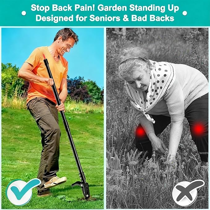 Manual Weed Puller Tool - Stand Up Weeder with 4-Claw Head & 3-Section Long Handle, Permanently Remove Dandelions with Roots, No Bending for Seniors, Lawn & Garden Tool