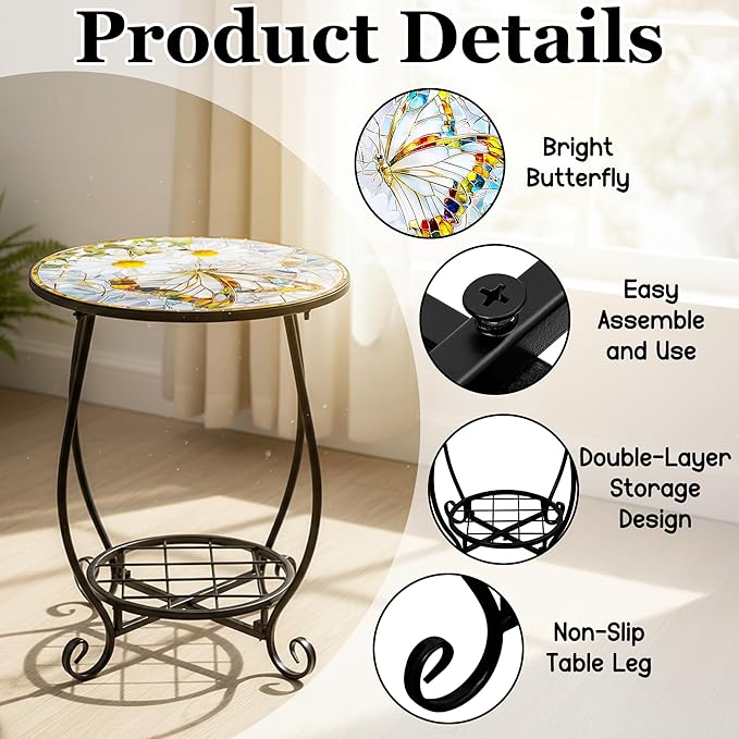 Outdoor Patio Side Table - 14" Metal Small Round Coffee Tables, Flower Butterfly Style Accent Stand End Snack Desk for Indoor Outside Balcony Yard Porch Bedside Poolside Garden Home Decoration