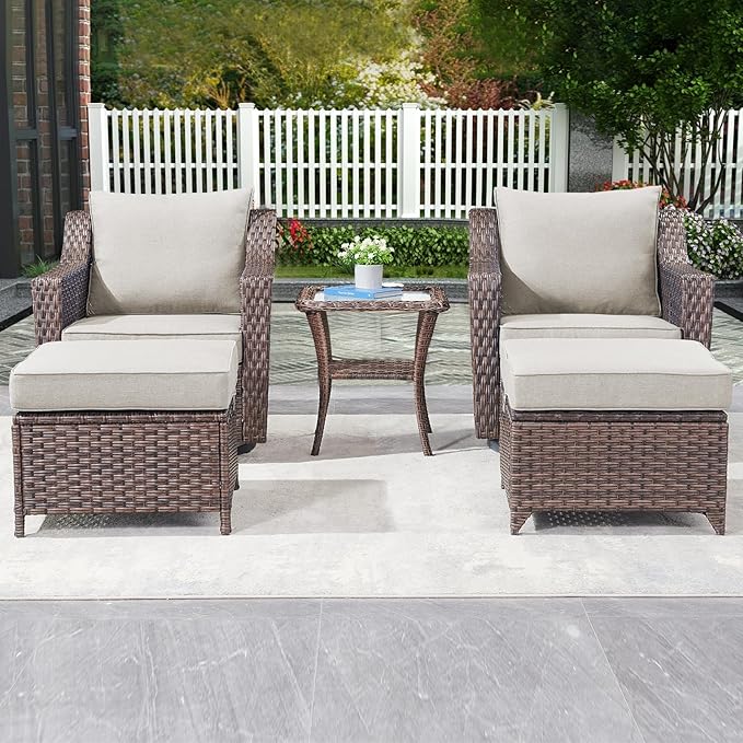 Outdoor Wicker Patio Furniture Set - 5 Piece Outside Rattan Conversation Bistro Dining Chair Sets with Rocking Swivel Chairs, Ottomans and Side Table for Porch Yard Balcony – Brown/Beige