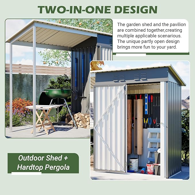 Waterproof 9.6'x2.3' Storage Shed and Gazebo Combo, Heavy Duty 2-in-1 Lean-to Tool Storage Garden House with 5'x2.3' Open Pergola, Lockable Door for Patio, Backyard, Lawn, Metal, Gray