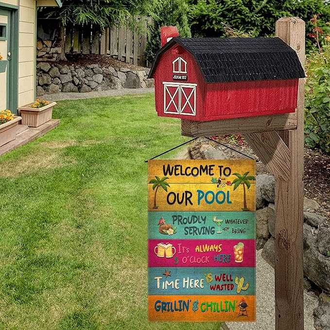 Snycler Welcome To Our Pool Garden Flag, 12.5x18" Party Decorations, Summer Decor, Outdoor Beach Bar Pub Porch Patio Deck Backyard Poolside Decor Outside