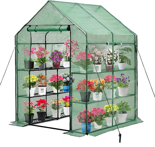 Purlyu Walk-in Greenhouse for Outdoors, Thickened PE Cover & Heavy Duty Powder-Coated Steel, Mesh Door & Screen Windows, 14 Sturdy Shelves 4.7x4.7x6.4 FT, (GHW002G)