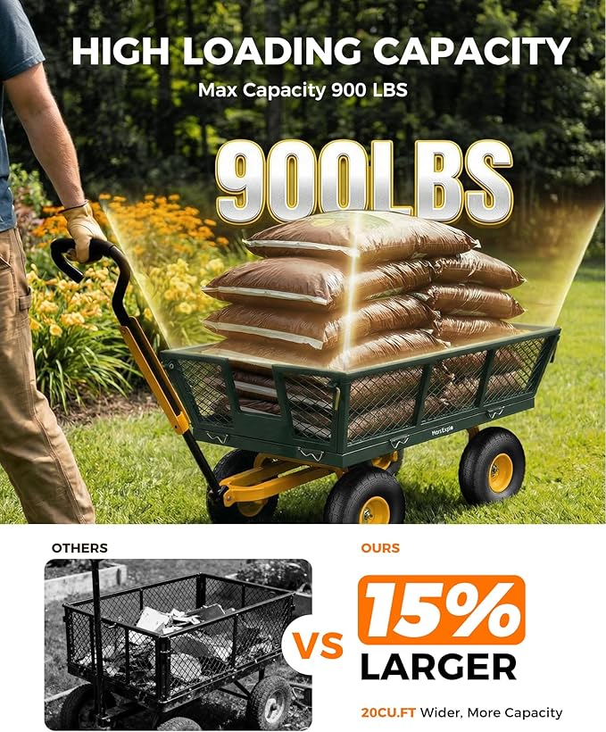 900 Lbs Heavy Duty Steel Garden Cart, Outdoor Metal Garden Wagon On Wheels, Utility Yard Cart with Mesh Removable Sides(Convert to Flatbed) and Removable Handle to Wheel Barrow, Green