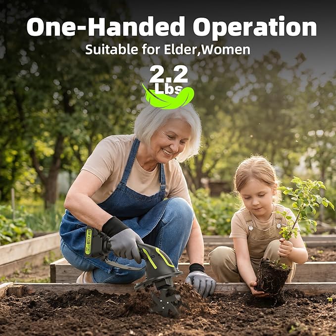 GARDTECH 21V Cordless Tiller Cultivator, 235RPM Electric Hand Tiller with 2×2.0Ah Batteries, 4" Tilling Width & Depth, Powerful Mini Garden Tiller for Gardening, Raised Bed & Soil Loosening