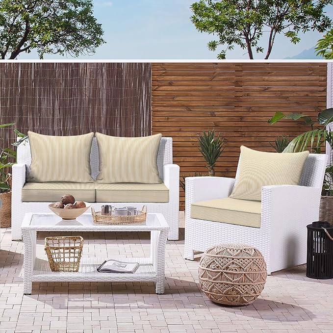 LVTXIII Outdoor Deep Seat Cushion Patio Seat and Back Cushion Set Seasonal Chair Cushion with Removable Cover and Adjustable Buckle for Home and Garden, 24"x24"x4", Strip Beige