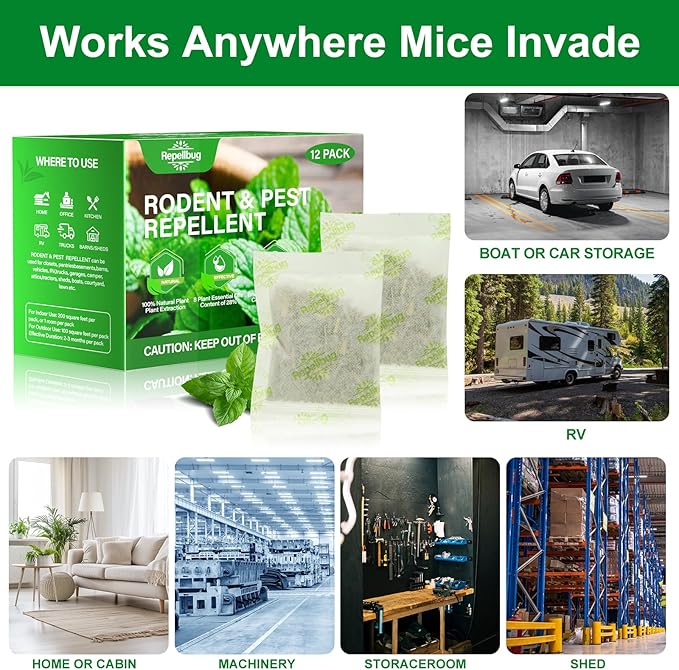 Pest Control Pouches, 12 Pack Peppermint Oil for Mice Rodent Rats Squirrel Pests Repellent Indoor Outdoor Use, Rodent Rat Mouse Deterrent Family Pet Safe Ideal for House Garage Warehouse Hotel